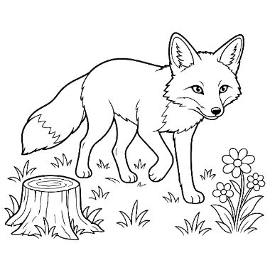 Line drawing of a fox walking near a tree stump with flowers and grass in the background.