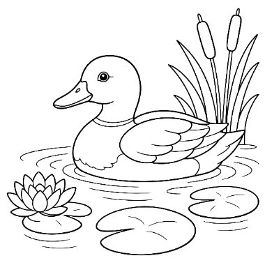 Line drawing of a duck floating on water near lily pads, a lotus flower, and cattails.