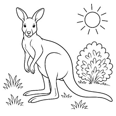 Line drawing of a kangaroo standing on grass with a bush and sun in the background.