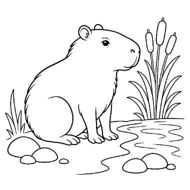 Line drawing of a capybara sitting near cattails and rocks beside a winding pond, with grass in the background.