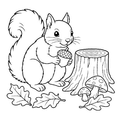 Line drawing of a fluffy-tailed squirrel holding an acorn beside a tree stump with mushrooms and fallen leaves.