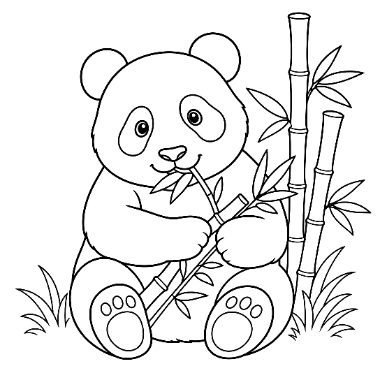 Line drawing of a baby panda sitting and holding a bamboo stalk, surrounded by bamboo plants and grass.