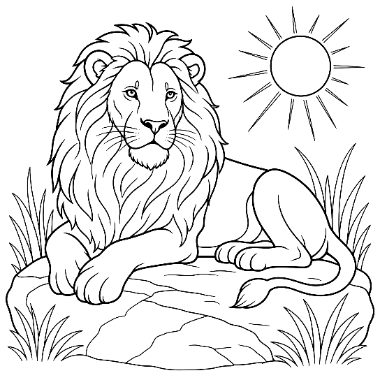 A lion lies on a rock with grass around it while the sun shines in the sky above.