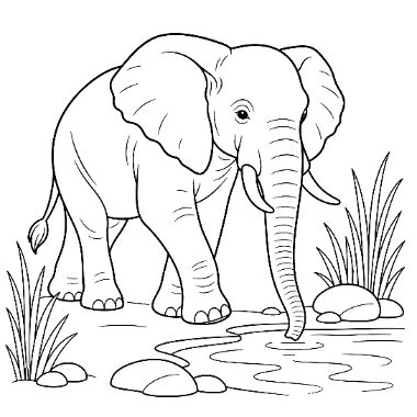 Line drawing of an elephant with tusks lowering its trunk to drink from a stream, surrounded by grass and rocks.