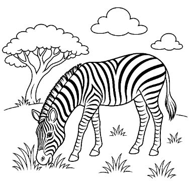 Line drawing of a zebra with striped coat lowering its head to graze near grass, with a tree and clouds in the background.