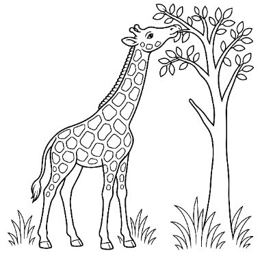 Line drawing of a spotted giraffe stretching its neck to eat leaves from a tree, with grass at its feet.
