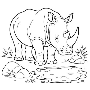 Line drawing of a rhinoceros standing near grass and rocks beside a small puddle of water.