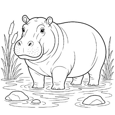 Line drawing of a smiling hippo standing in a pond with rocks and cattails around it.