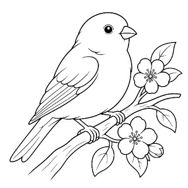Line drawing of a small bird perched on a flowering branch with cherry blossoms and leaves.