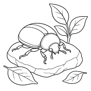 Line drawing of a large beetle sitting on a rock, surrounded by leafy plant branches and fallen leaves.