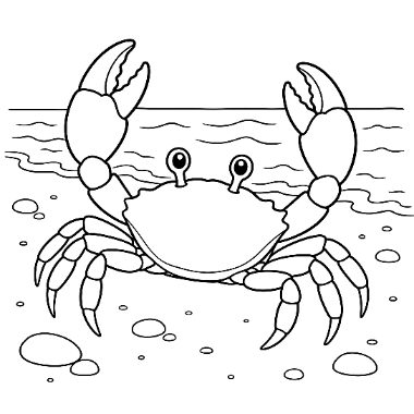 Line drawing of a crab with raised claws standing on sand near the ocean, with rocks and bubbles around it.