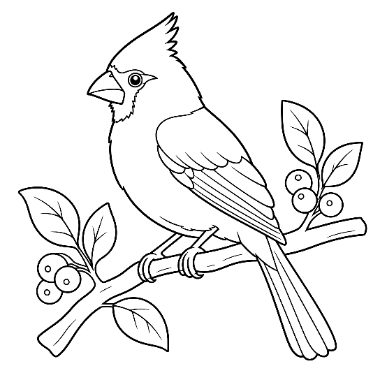 Line drawing of a crested cardinal perched on a branch with leaves and berries.
