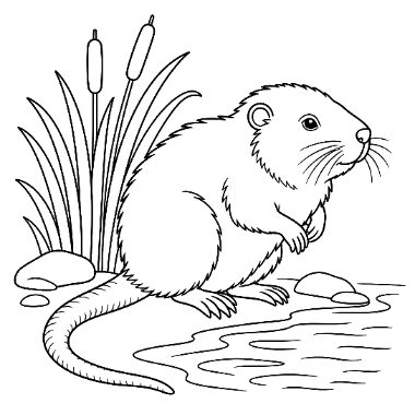 Line drawing of a muskrat sitting on rocks near water, with cattail reeds growing beside it.