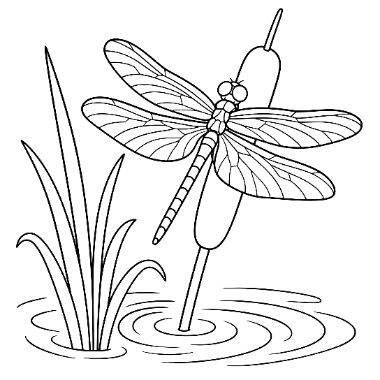 Line drawing of a dragonfly perched on a cattail plant beside grass, floating in rippling water.