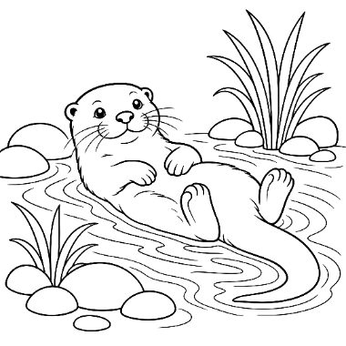 Line drawing of a smiling otter floating on its back in water, surrounded by rocks and tall grass.