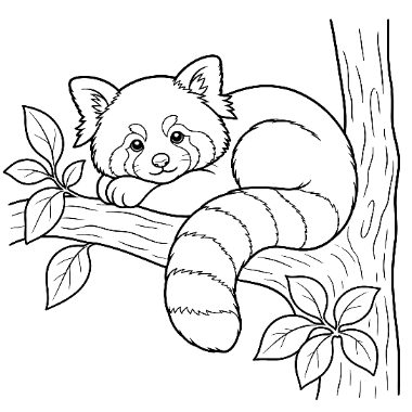 A red panda lies curled up on a tree branch with its long striped tail draped down, surrounded by leaves.