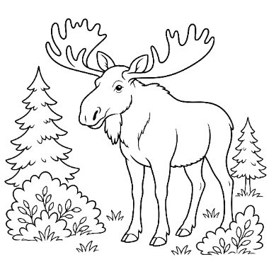 Line drawing of a moose with large antlers standing among trees and bushes in a forest clearing.