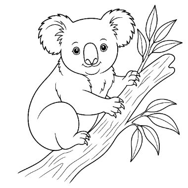 Line drawing of a koala clinging to a branch with eucalyptus leaves, ready to be colored in.