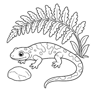 Line drawing of a smiling spotted salamander sitting near a rock, with a large fern leaf behind it.