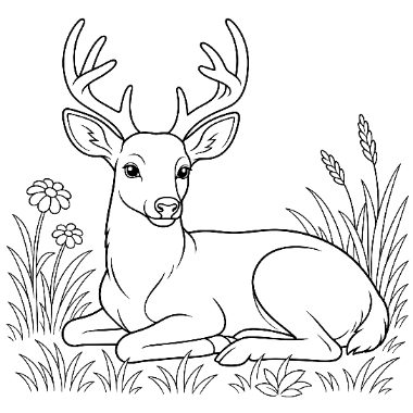 Line drawing of an antlered deer lying down in grass, surrounded by flowers and tall blades of grass.