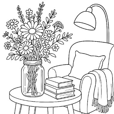 Line drawing of a jar of flowers on a small table with books, beside an armchair with a pillow, throw, and floor lamp.