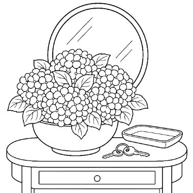 A large bowl of hydrangea flowers sits on a round table beneath a mirror, next to a tray with keys.