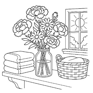 Line drawing of flowers in a glass jar next to folded towels and a basket, with a sunny window in the background.