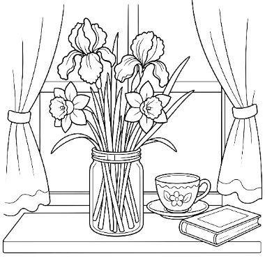 Line art of a jar with irises and daffodils on a windowsill, beside a teacup, saucer, and book, framed by curtains.