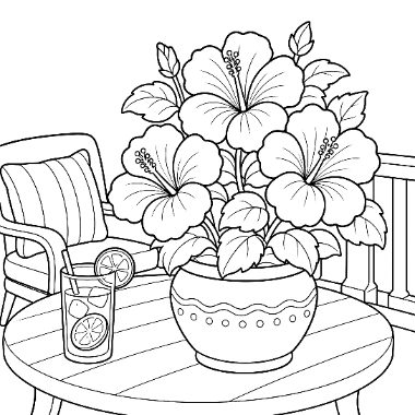 Line drawing of a potted hibiscus plant with large flowers on a round table beside a glass of lemonade and a wicker chair.