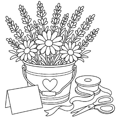 Line art of a bucket filled with daisies and lavender, next to a blank note card, ribbon spool, and scissors.