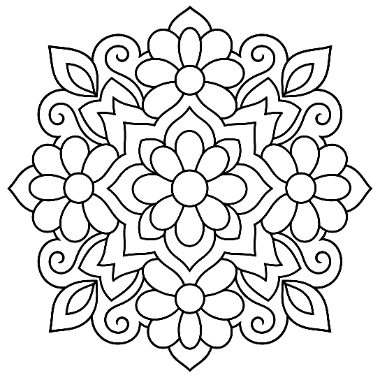A symmetrical mandala coloring page featuring a central flower surrounded by four smaller flowers, leaves, and swirling patterns.