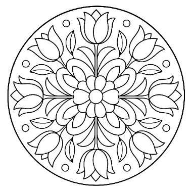 A circular mandala design featuring a central flower surrounded by petals, leaves, and four tulips within a round border.