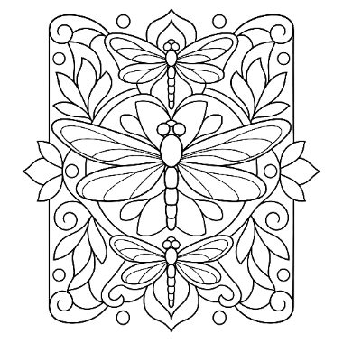 Three symmetrical dragonflies surrounded by leaves, flowers, and decorative swirls within a rectangular border.