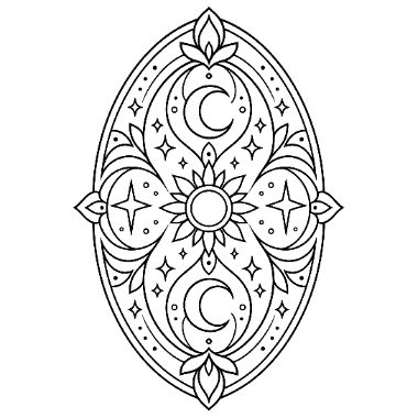 Symmetrical oval mandala design featuring crescent moons, stars, and a central flower, framed by decorative floral patterns.