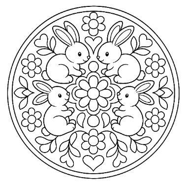 A circular design with four rabbits facing a central flower, surrounded by flowers, leaves, and hearts in a symmetrical pattern.