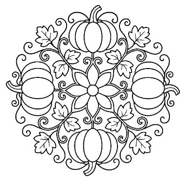 A symmetrical mandala design featuring four pumpkins, a central flower, leaves, and curling vines arranged in a circular pattern.