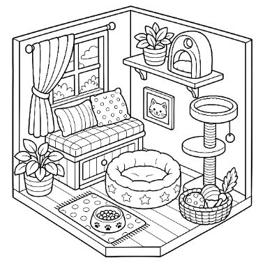 A room with a window seat, cat bed, food bowl, potted plants, wall shelf, cat portrait, and cat tree with basket.
