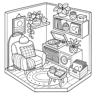 Line drawing of a corner living room with an armchair, floor lamp, record player, shelves of plants and records, and a round rug.