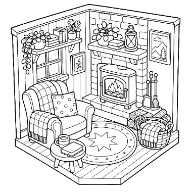 A line drawing of a cozy corner with an armchair, round rug, wood stove fireplace, shelves, and a basket of logs.