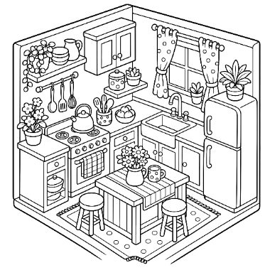 Line drawing of a cozy kitchen with a stove, refrigerator, sink, cabinets, hanging plants, and a small table with stools.