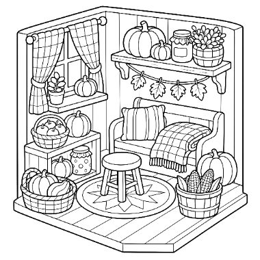 A cozy room corner with a couch, pumpkins, corn, jars, a stool, and a curtained window in fall decor.