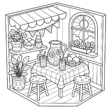 Line drawing of a striped awning over a patio corner with a shelf, plant, and a table set with lemonade and fruit.