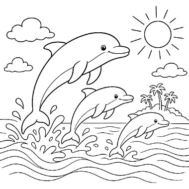 Three dolphins leap out of ocean waves under a sun, with clouds and a small palm tree island in the background.