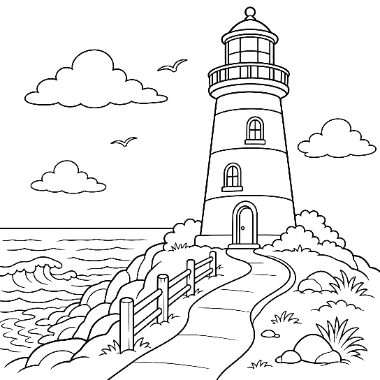 Line drawing of a tall lighthouse on a rocky shore with a fenced path, waves, birds, and clouds.