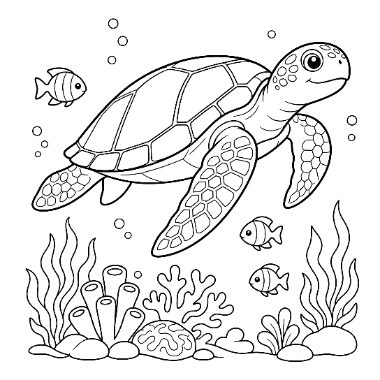 Line drawing of a smiling sea turtle swimming above coral, rocks, and seaweed with small fish and bubbles nearby.