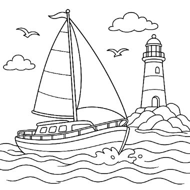 Line drawing of a sailboat with billowing sails floating on waves near a rocky lighthouse, with clouds and birds in the sky.