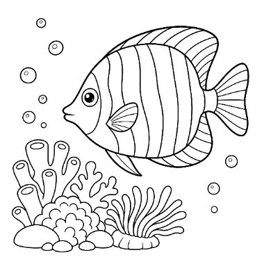 Line drawing of a striped tropical fish swimming above coral, rocks, and bubbles underwater.