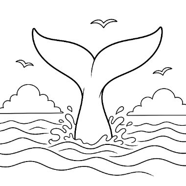 A whale's tail fin rises above ocean waves with splashes, clouds, and birds flying in the sky.