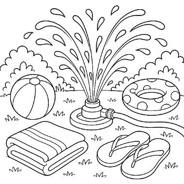 A lawn sprinkler sprays water surrounded by a beach ball, pool float, folded towel, and a pair of flip-flops.