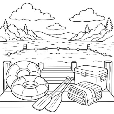 A lake dock with two inflatable rings, paddles, folded towels, and a cooler, with a swimming area rope and trees in the background.